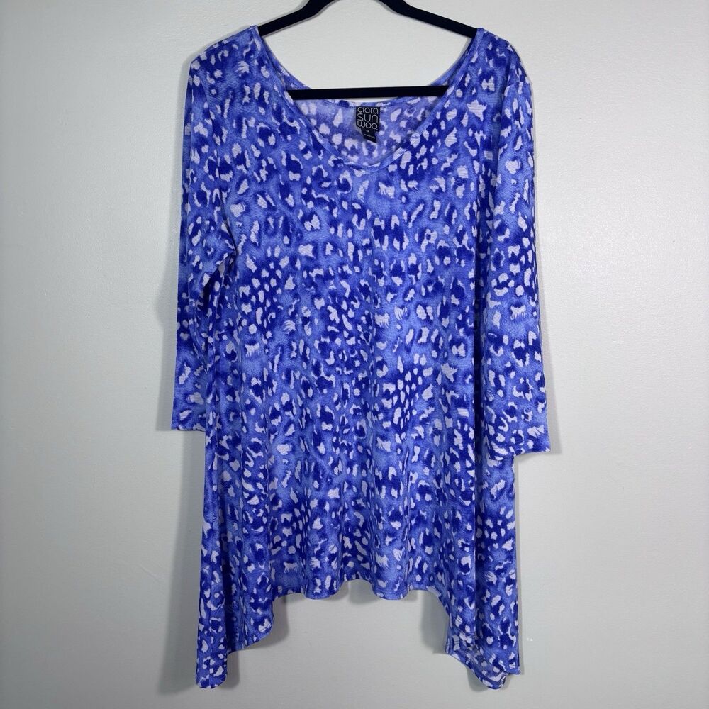 Clara Sun Woo Plus Size 1X Blue Asymmetrical Textured Parachute Hem Blouse - EUC